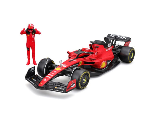 Bburago Ferrari SF-23 (No. 16 with Charles Leclerc Pilot Figurine), Red, 1:24 Scale Model